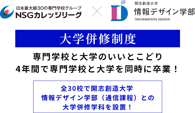 大学併修スタート。専門学校で大卒資格を取得。全30校で開志創造大学 情報デザイン学部（通信課程）との大学併修学科を新設！